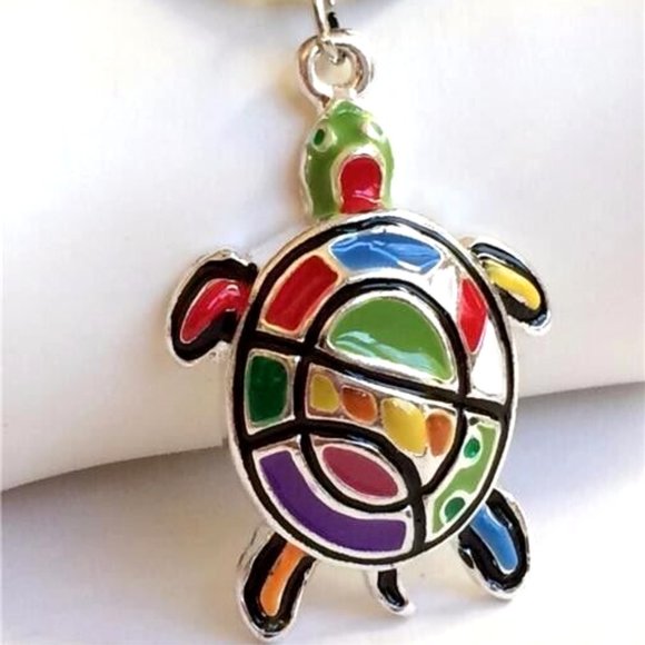 Sea Turtle Necklace Silver Plated Pop Art Multicolor Enamel Nautical Island 18" - Picture 4 of 11